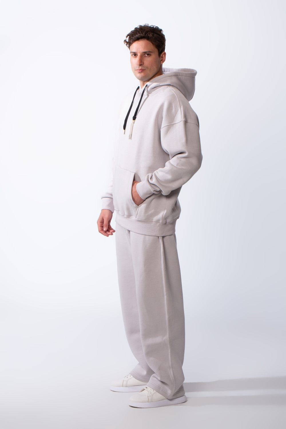 Men's Two Piece Long Sleeves Front Kangaroo Pocket Basic Oversize Melton Set Outfit