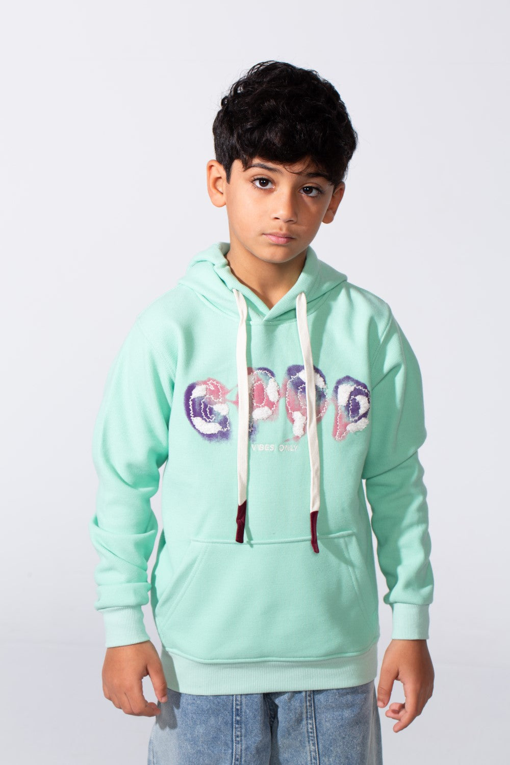 Boy's Slim Fit Long Sleeve Front Print Comfortable Daily Wear With Kangaroo Pockets Hood Sweatshirt