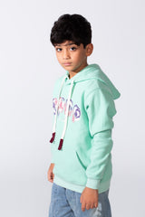Boy's Slim Fit Long Sleeve Front Print Comfortable Daily Wear With Kangaroo Pockets Hood Sweatshirt