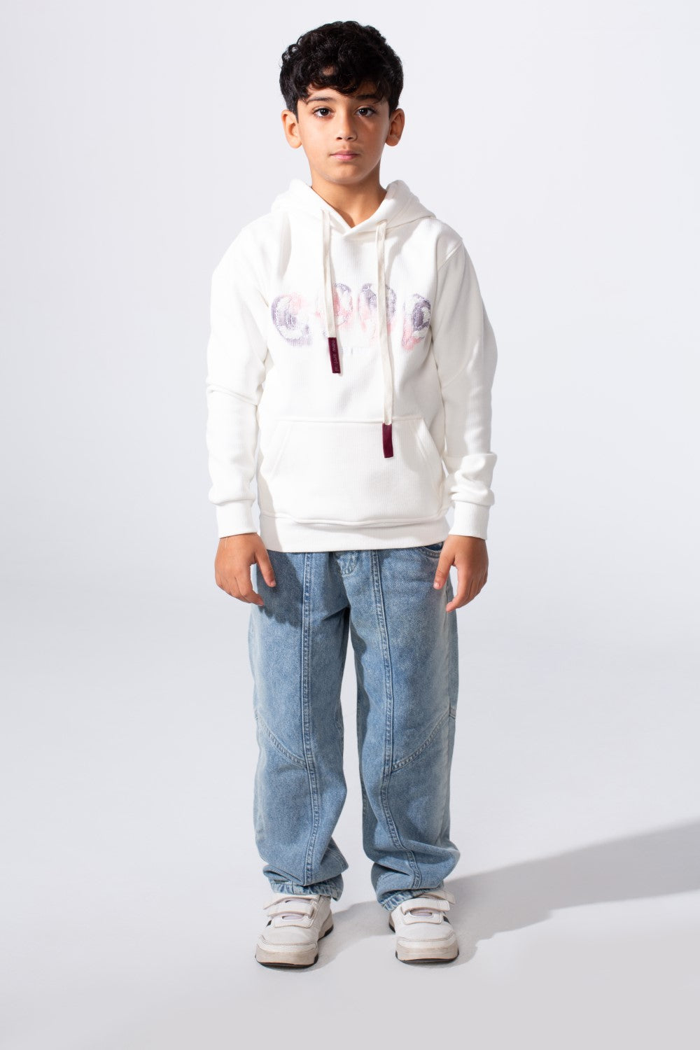 Boy's Slim Fit Long Sleeve Front Print Comfortable Daily Wear With Kangaroo Pockets Hood Sweatshirt
