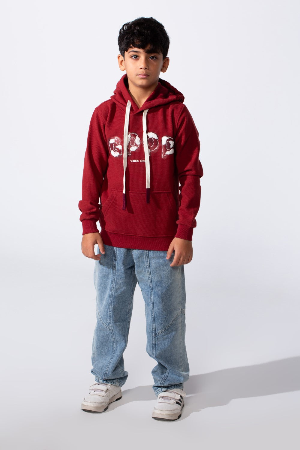 Boy's Slim Fit Long Sleeve Front Print Comfortable Daily Wear With Kangaroo Pockets Hood Sweatshirt