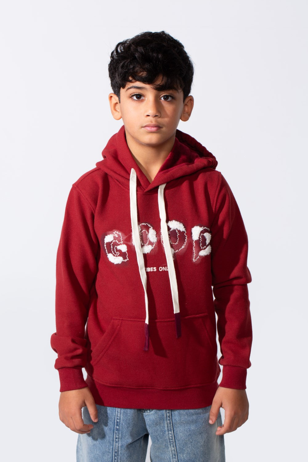 Boy's Slim Fit Long Sleeve Front Print Comfortable Daily Wear With Kangaroo Pockets Hood Sweatshirt