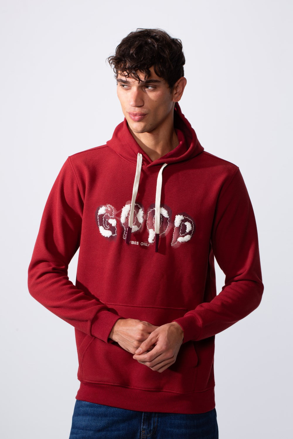 Men's Slim Fit Front Print Hood Sweatshirt With Kangaroo Pocket