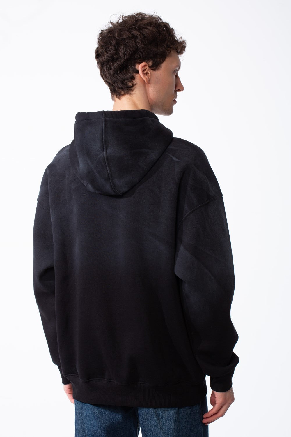 Men's Oversized Acid-Wash Finish Kangaroo Pocket With Drawstring Hood Ribbed Cuffs And Hem Sweatshirt