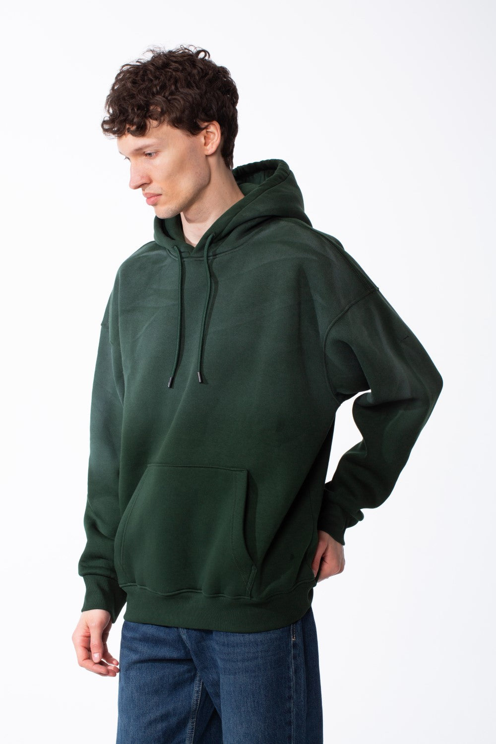 Men's Oversized Acid-Wash Finish Kangaroo Pocket With Drawstring Hood Ribbed Cuffs And Hem Sweatshirt