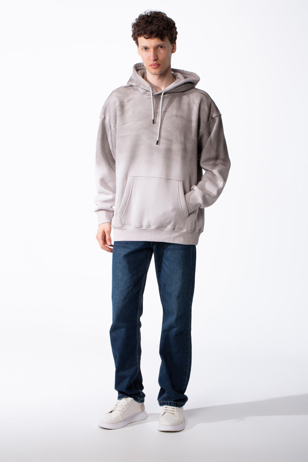 Men's Oversized Acid-Wash Finish Kangaroo Pocket With Drawstring Hood Ribbed Cuffs And Hem Sweatshirt