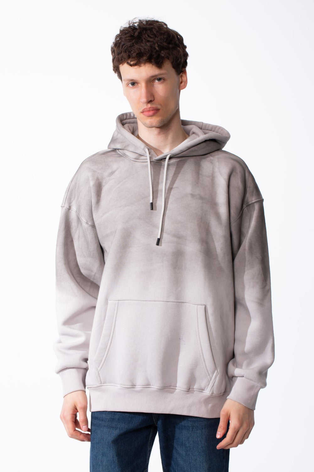 Men's Oversized Acid-Wash Finish Kangaroo Pocket With Drawstring Hood Ribbed Cuffs And Hem Sweatshirt