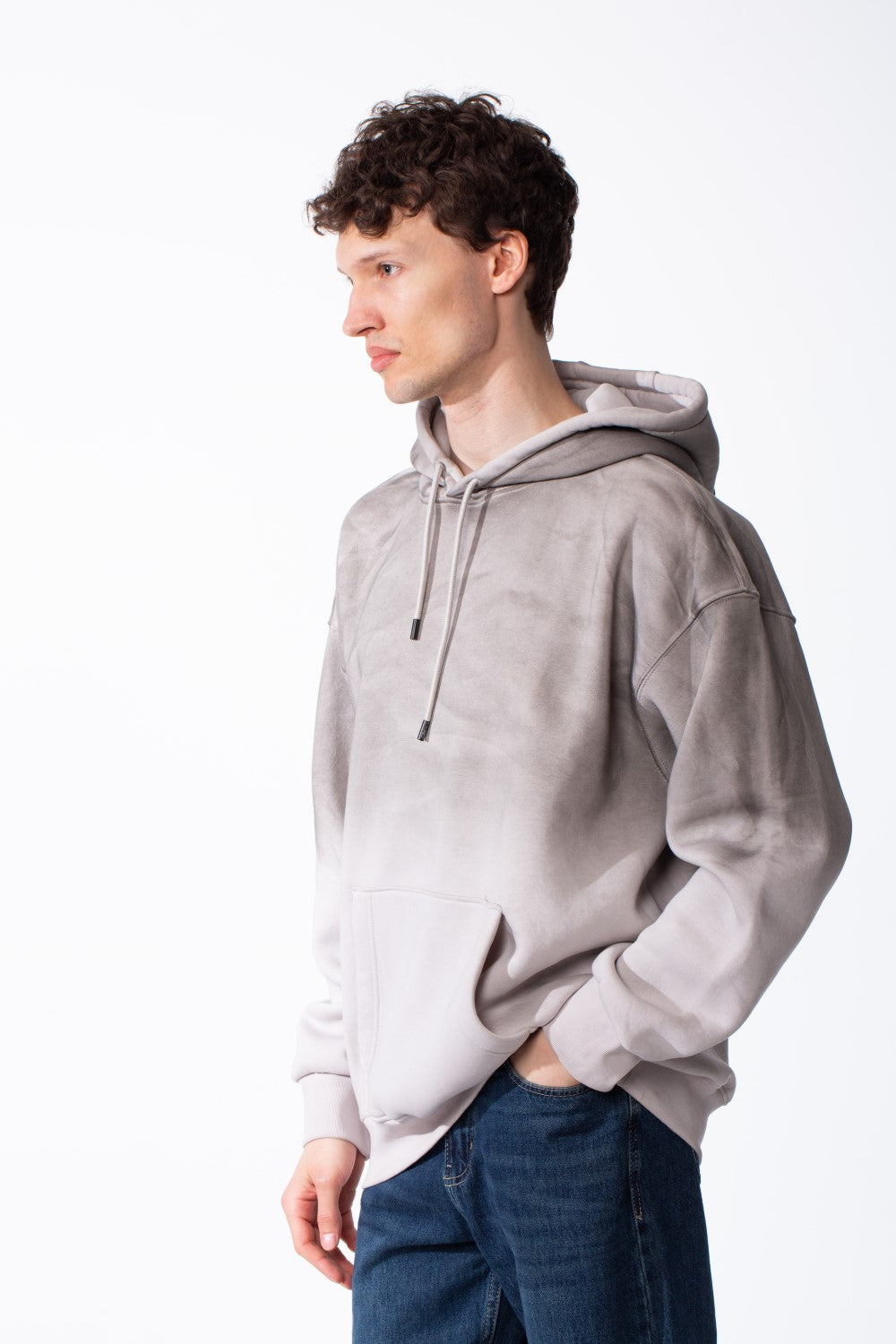 Men's Oversized Acid-Wash Finish Kangaroo Pocket With Drawstring Hood Ribbed Cuffs And Hem Sweatshirt