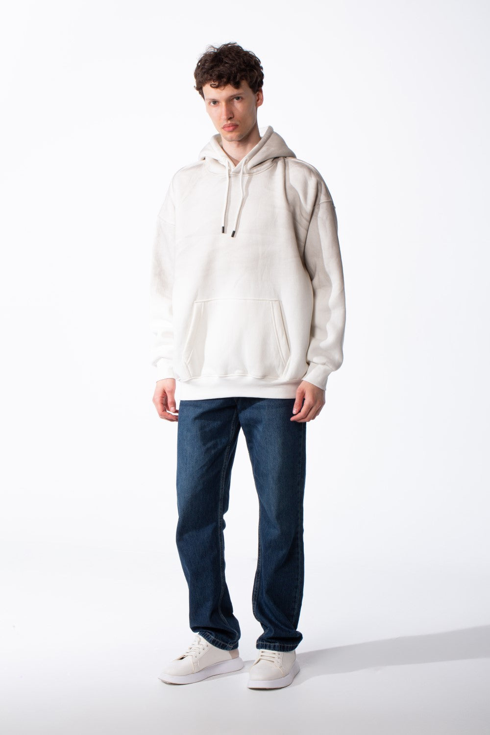 Men's Oversized Acid-Wash Finish Kangaroo Pocket With Drawstring Hood Ribbed Cuffs And Hem Sweatshirt