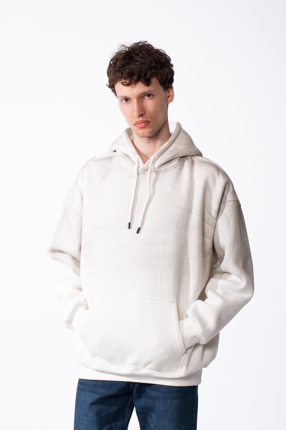 Men's Oversized Acid-Wash Finish Kangaroo Pocket With Drawstring Hood Ribbed Cuffs And Hem Sweatshirt