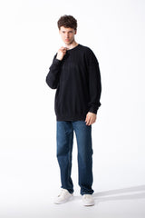 Men's Oversized Pigment-Dye Finish Ribbed Crew Neck Modern Distressed Edge Melton Sweatshirt
