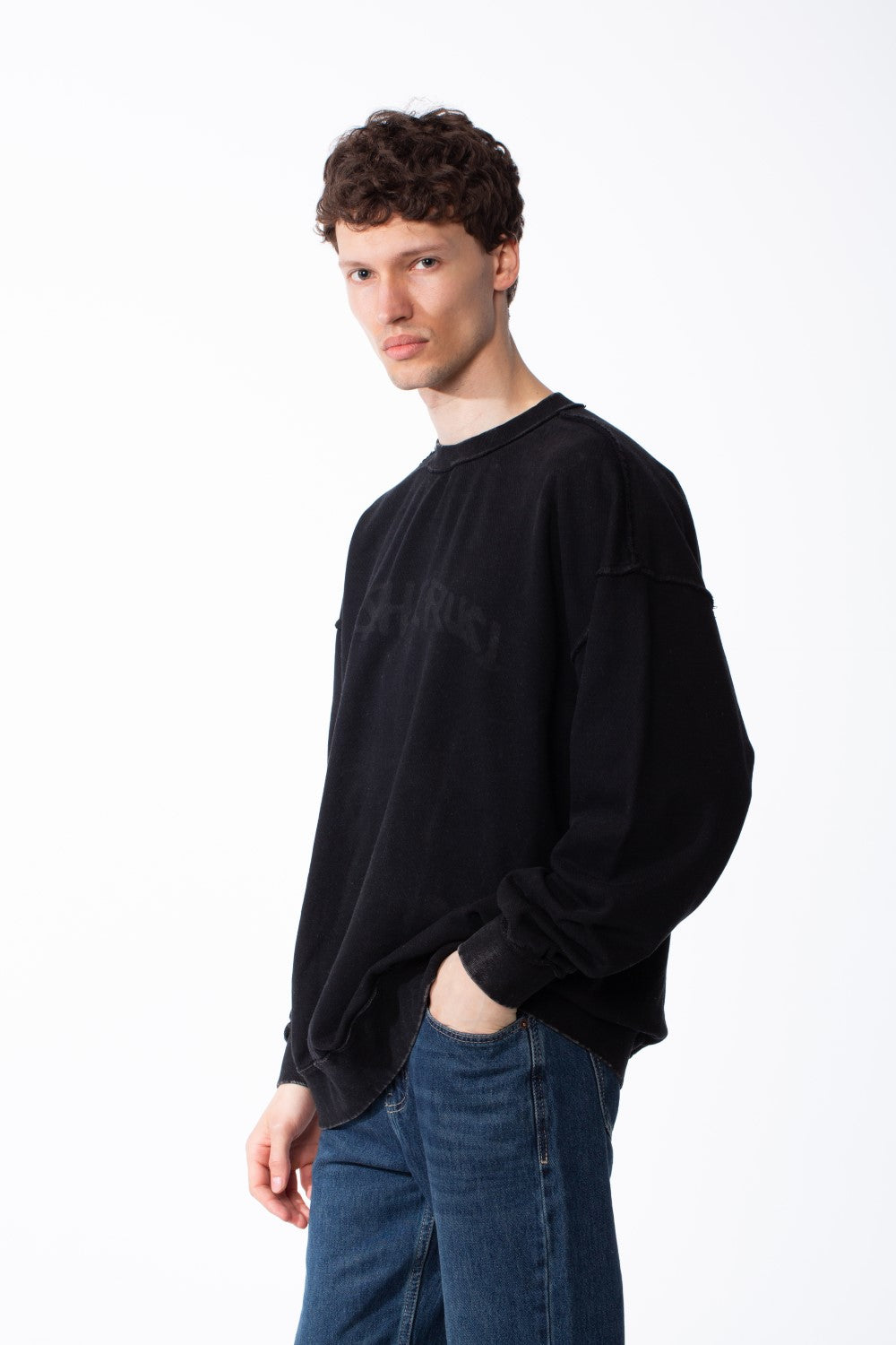 Men's Oversized Pigment-Dye Finish Ribbed Crew Neck Modern Distressed Edge Melton Sweatshirt