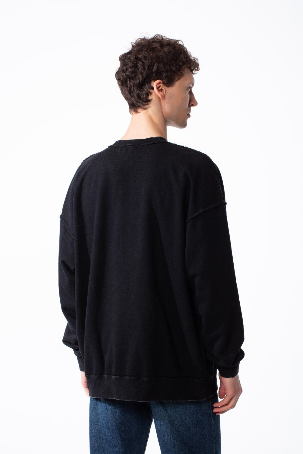 Men's Oversized Pigment-Dye Finish Ribbed Crew Neck Modern Distressed Edge Melton Sweatshirt