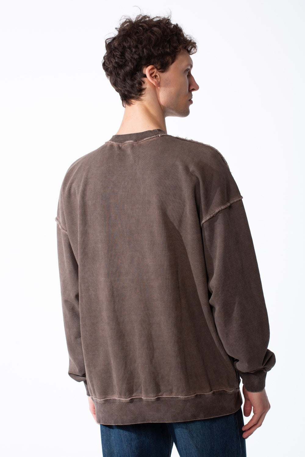 Men's Oversized Pigment-Dye Finish Ribbed Crew Neck Modern Distressed Edge Melton Sweatshirt