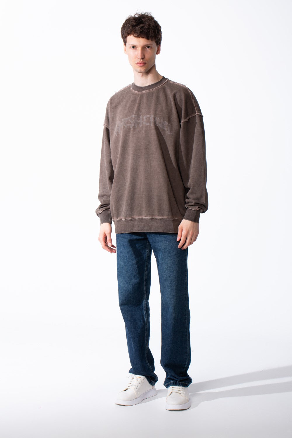 Men's Oversized Pigment-Dye Finish Ribbed Crew Neck Modern Distressed Edge Melton Sweatshirt