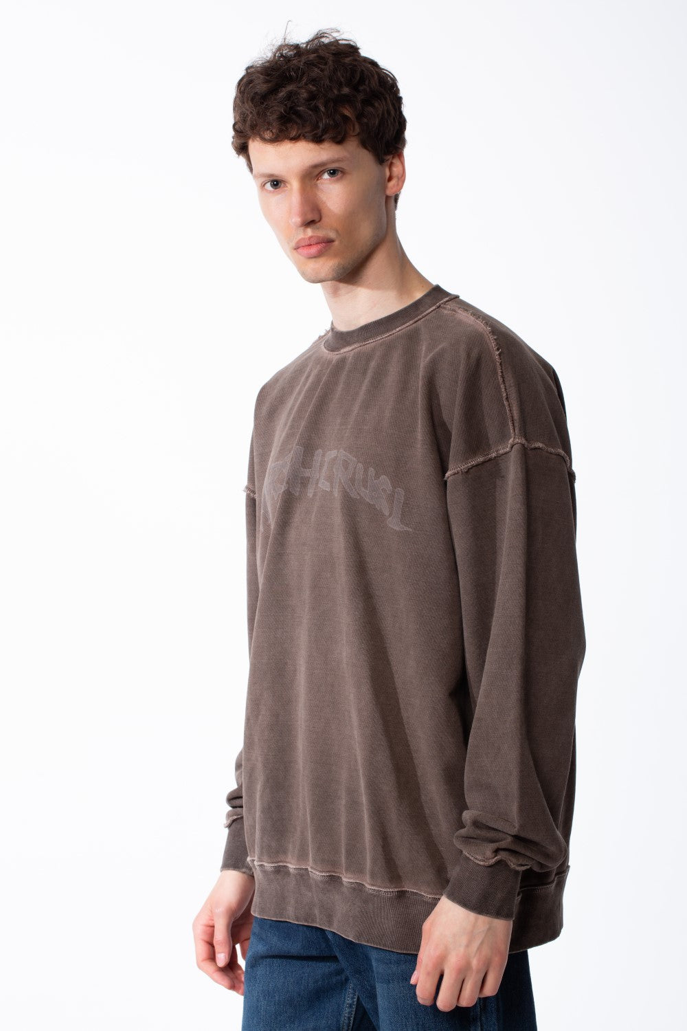 Men's Oversized Pigment-Dye Finish Ribbed Crew Neck Modern Distressed Edge Melton Sweatshirt