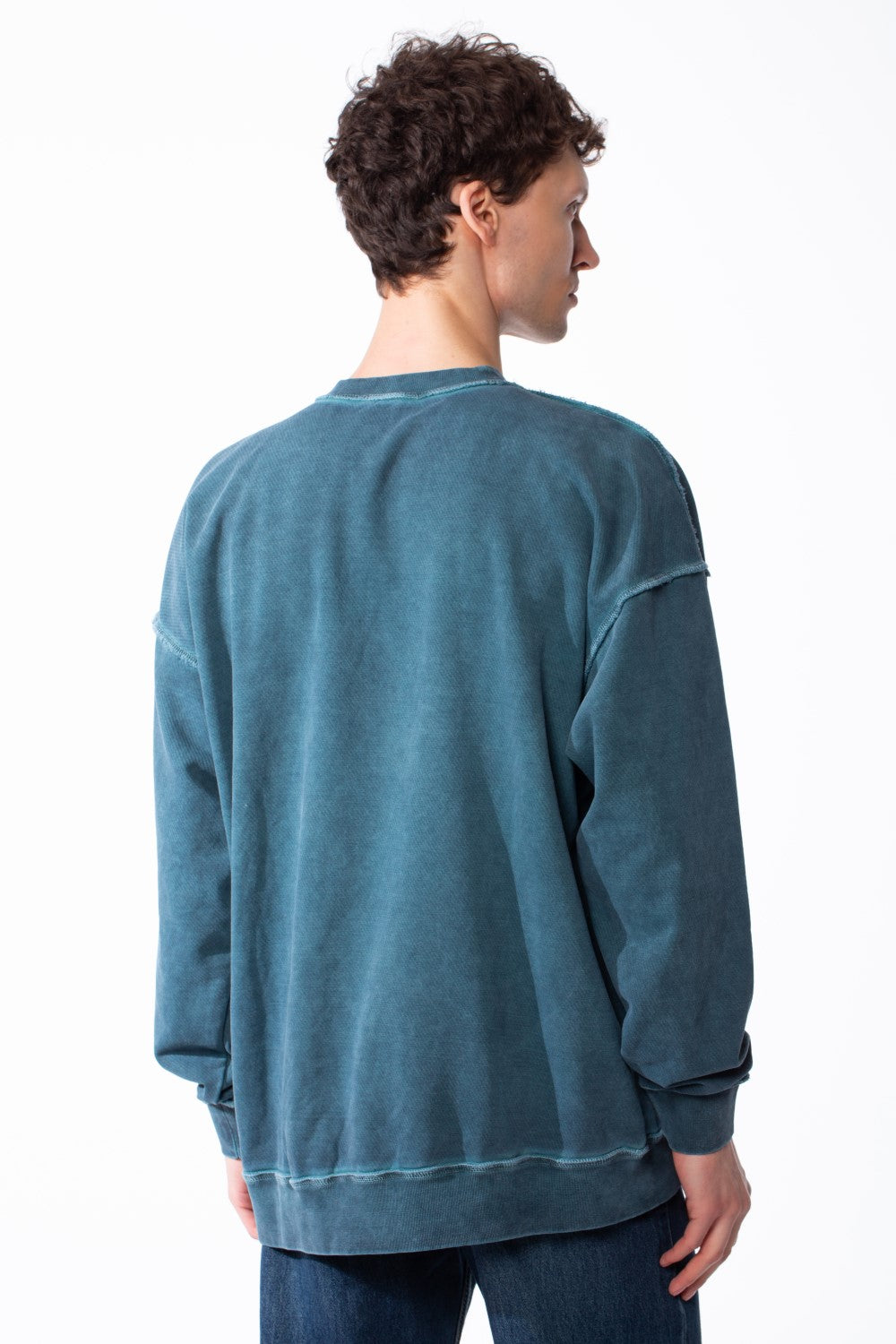 Men's Oversized Pigment-Dye Finish Ribbed Crew Neck Modern Distressed Edge Melton Sweatshirt