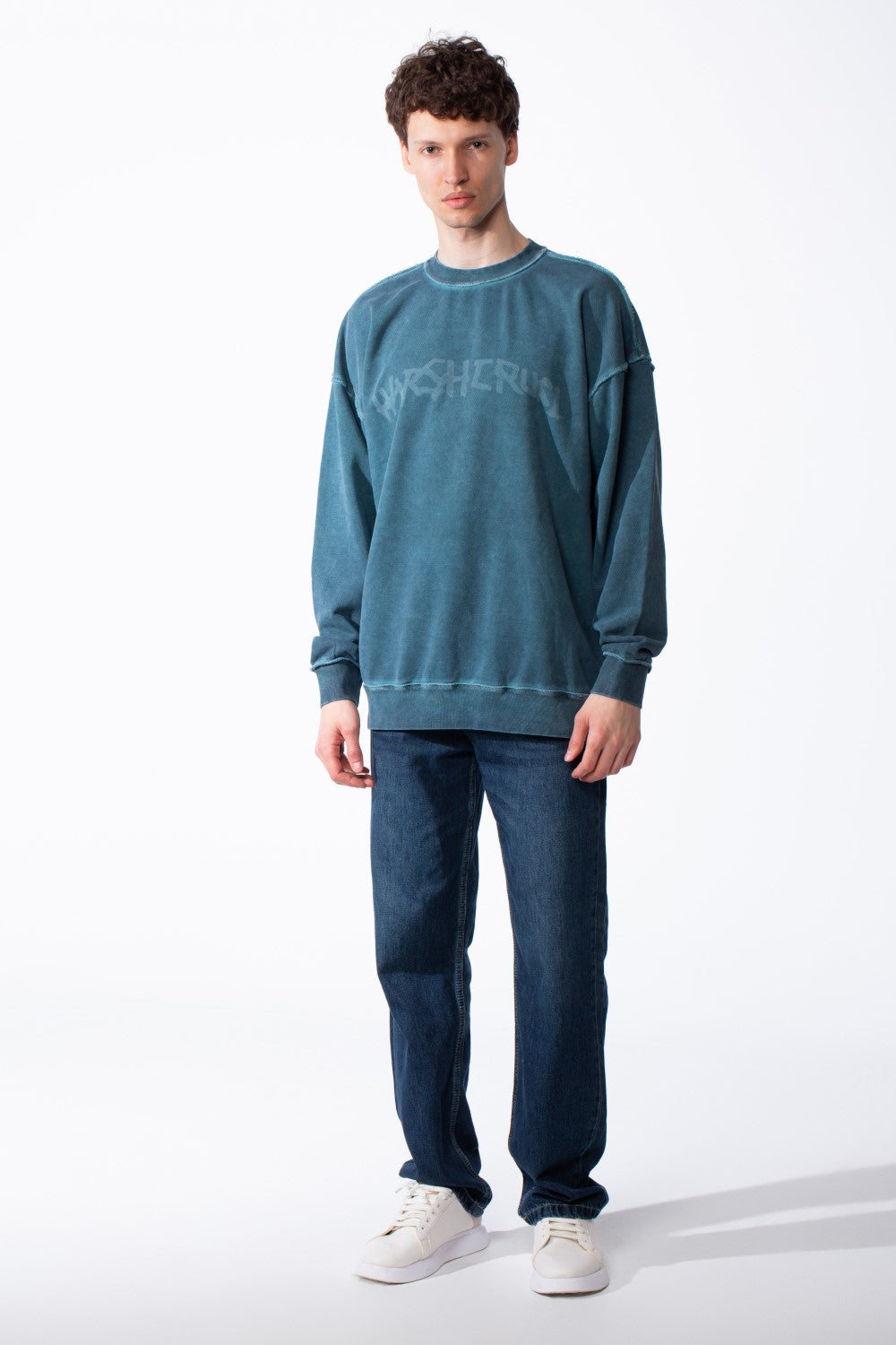 Men's Oversized Pigment-Dye Finish Ribbed Crew Neck Modern Distressed Edge Melton Sweatshirt