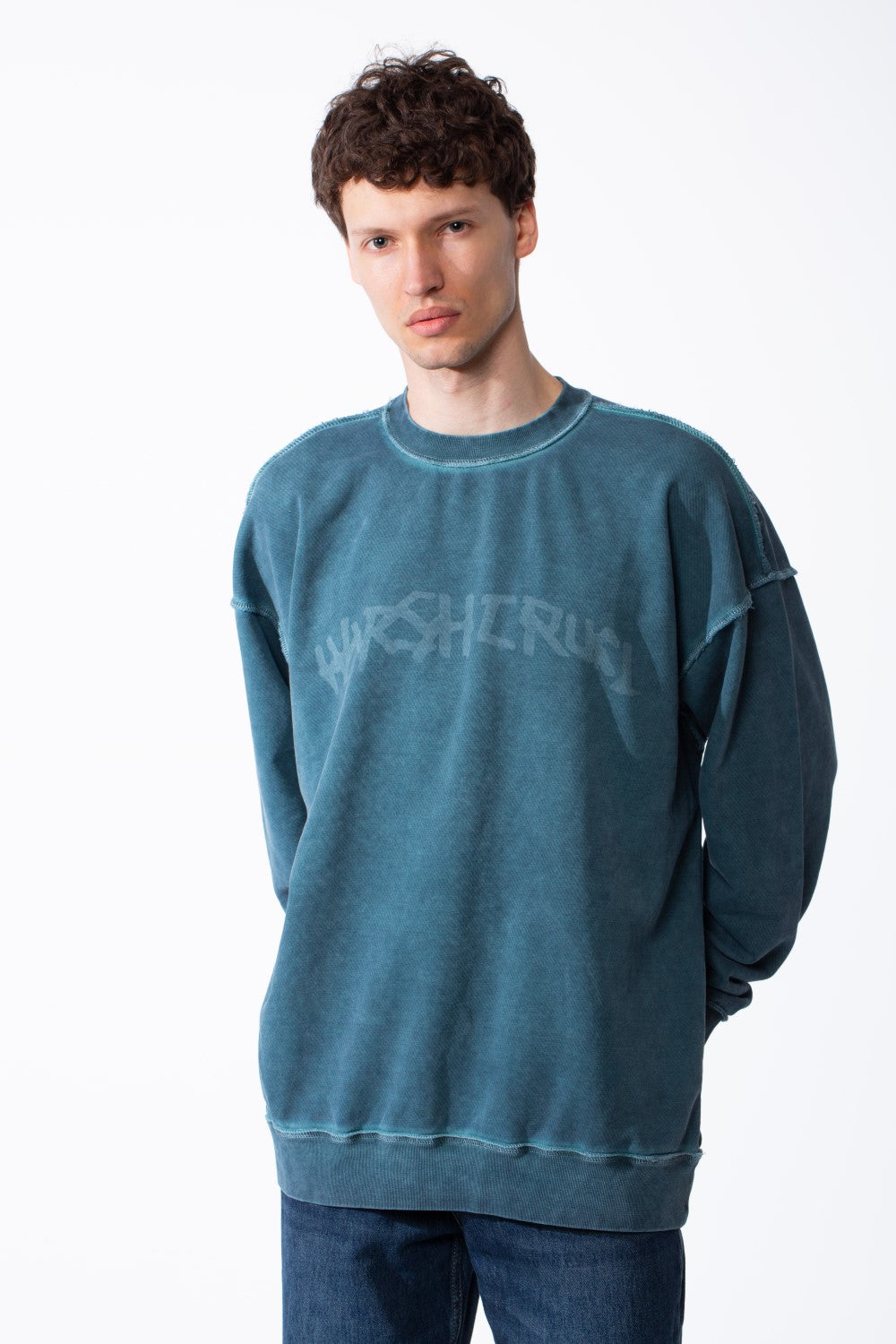 Men's Oversized Pigment-Dye Finish Ribbed Crew Neck Modern Distressed Edge Melton Sweatshirt
