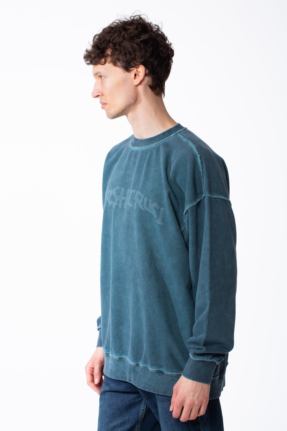 Men's Oversized Pigment-Dye Finish Ribbed Crew Neck Modern Distressed Edge Melton Sweatshirt