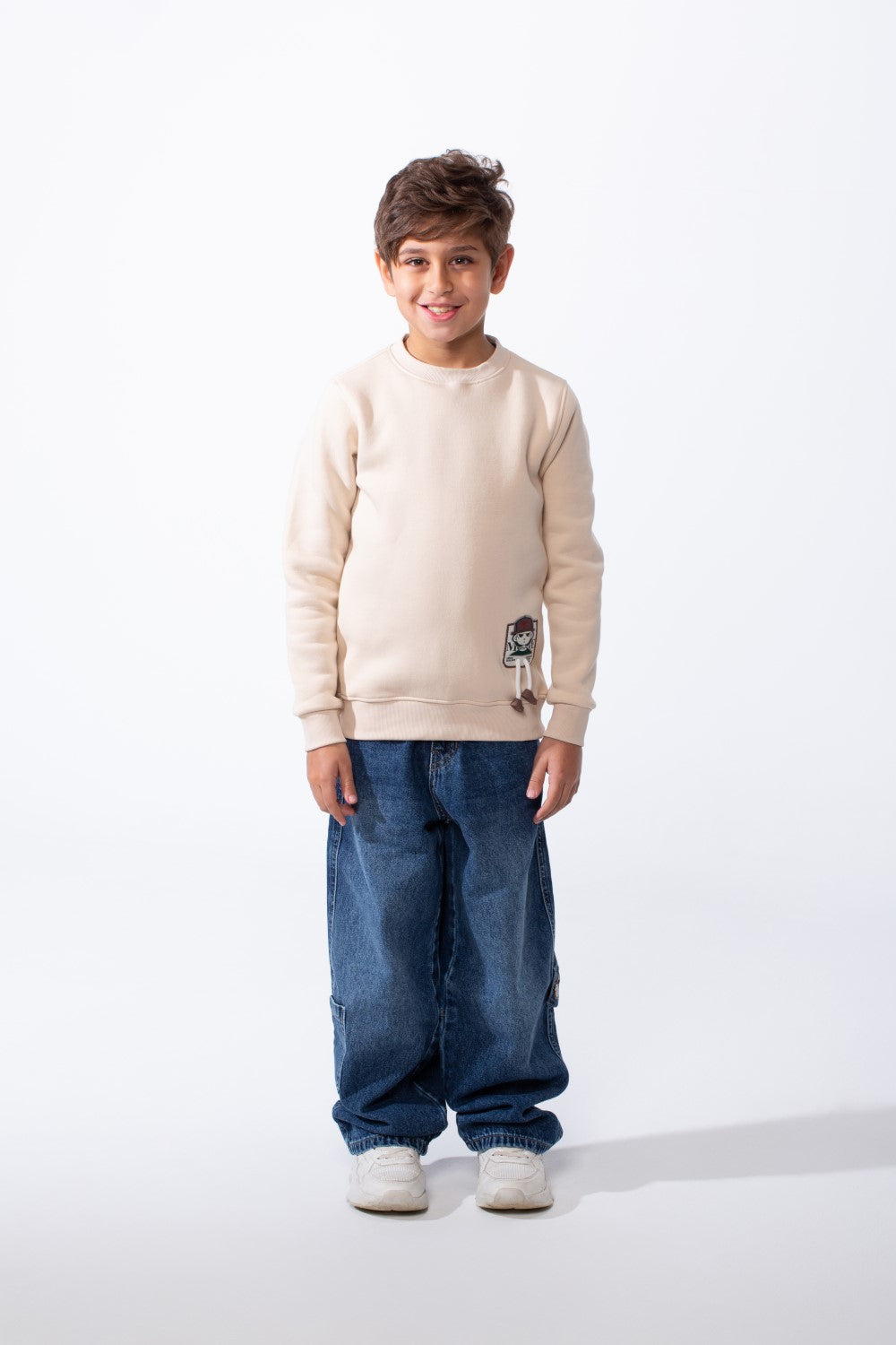 Boy's Slim Fit Melton Crew Neck Cartoon Patch Sweatshirt
