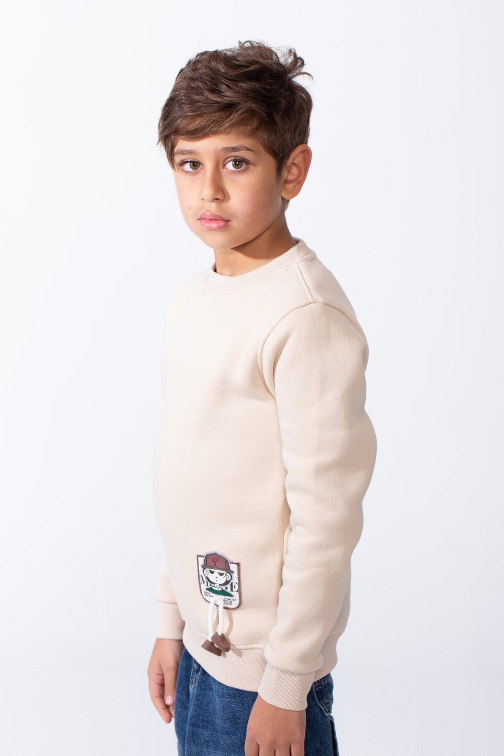 Boy's Slim Fit Melton Crew Neck Cartoon Patch Sweatshirt