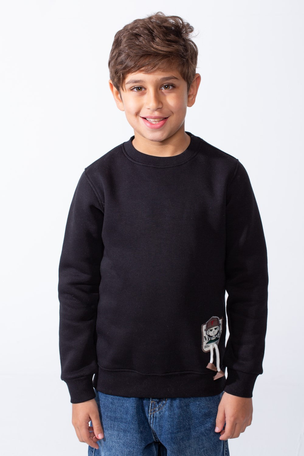 Boy's Slim Fit Melton Crew Neck Cartoon Patch Sweatshirt