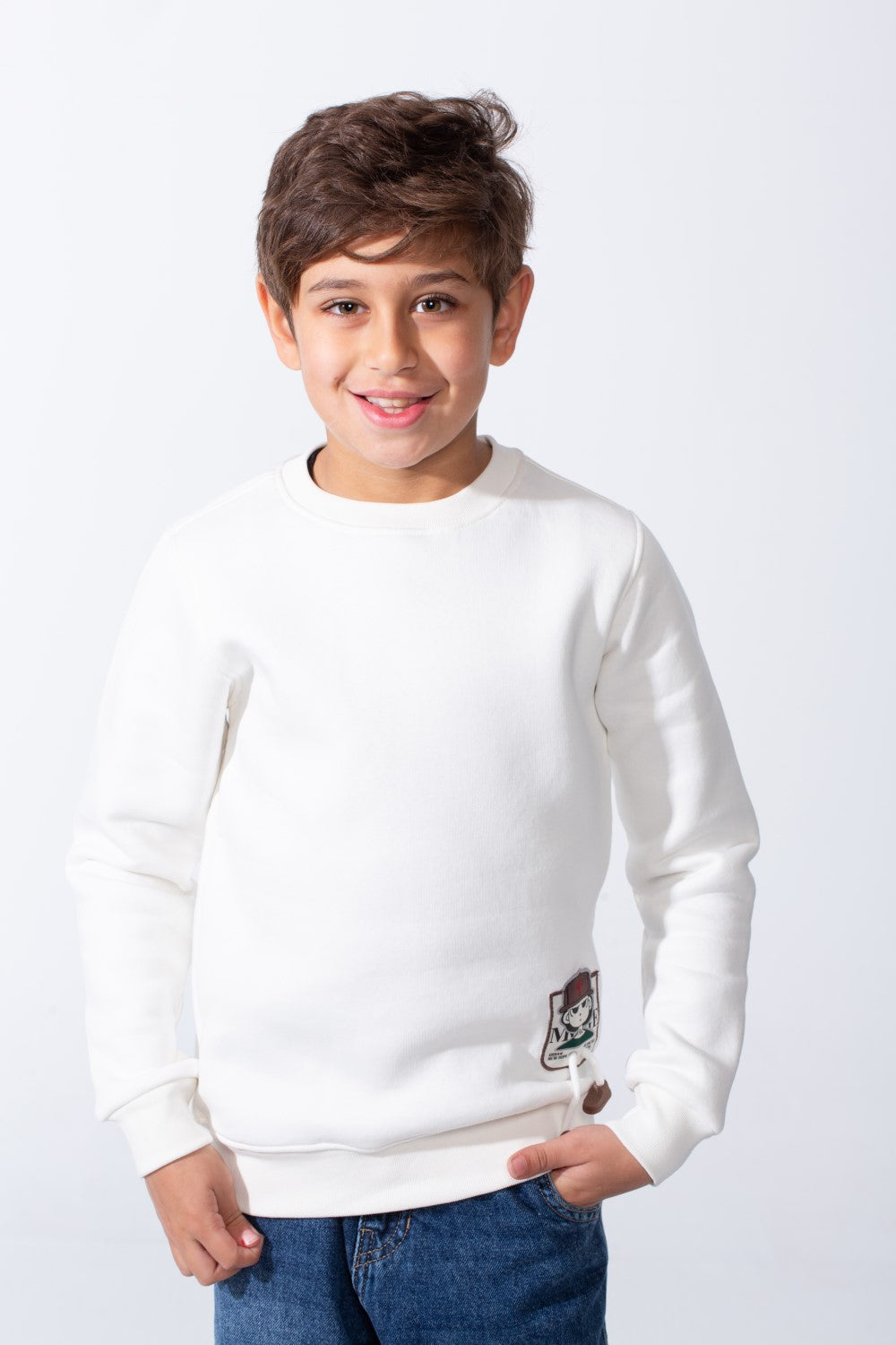 Boy's Slim Fit Melton Crew Neck Cartoon Patch Sweatshirt