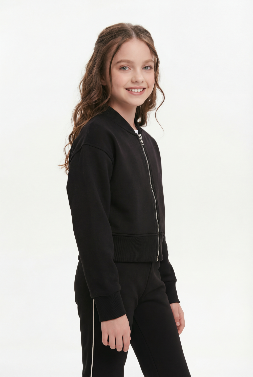 Girl’s Co-Ord Set Bomber Style Full Front Zip Ribbed Contrast Side Piping Outfit