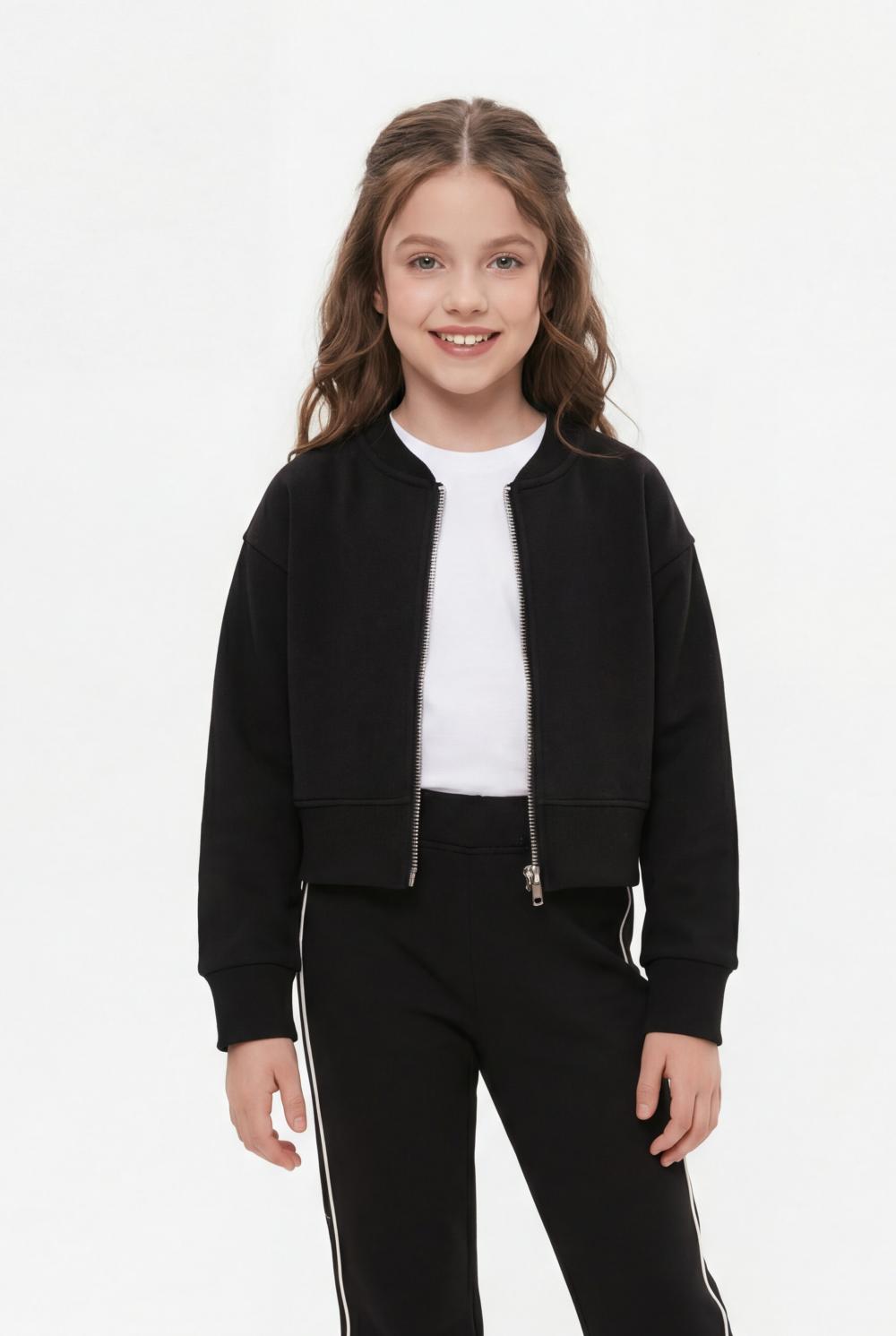 Girl’s Co-Ord Set Bomber Style Full Front Zip Ribbed Contrast Side Piping Outfit