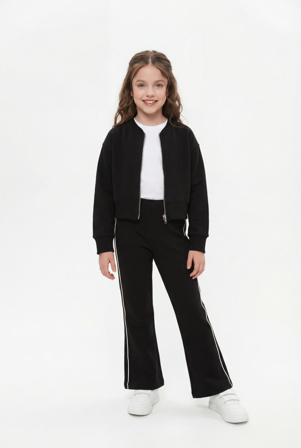 Girl’s Co-Ord Set Bomber Style Full Front Zip Ribbed Contrast Side Piping Outfit