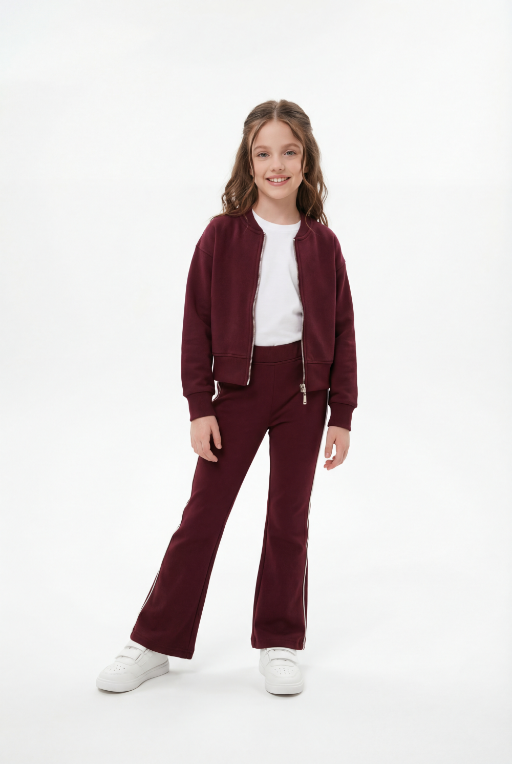 Girl’s Co-Ord Set Bomber Style Full Front Zip Ribbed Contrast Side Piping Outfit