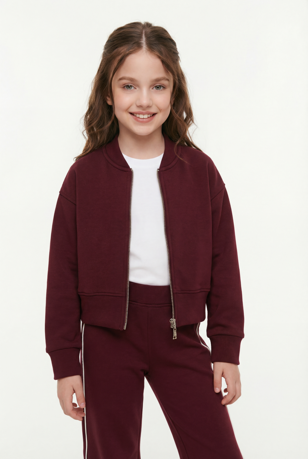 Girl’s Co-Ord Set Bomber Style Full Front Zip Ribbed Contrast Side Piping Outfit