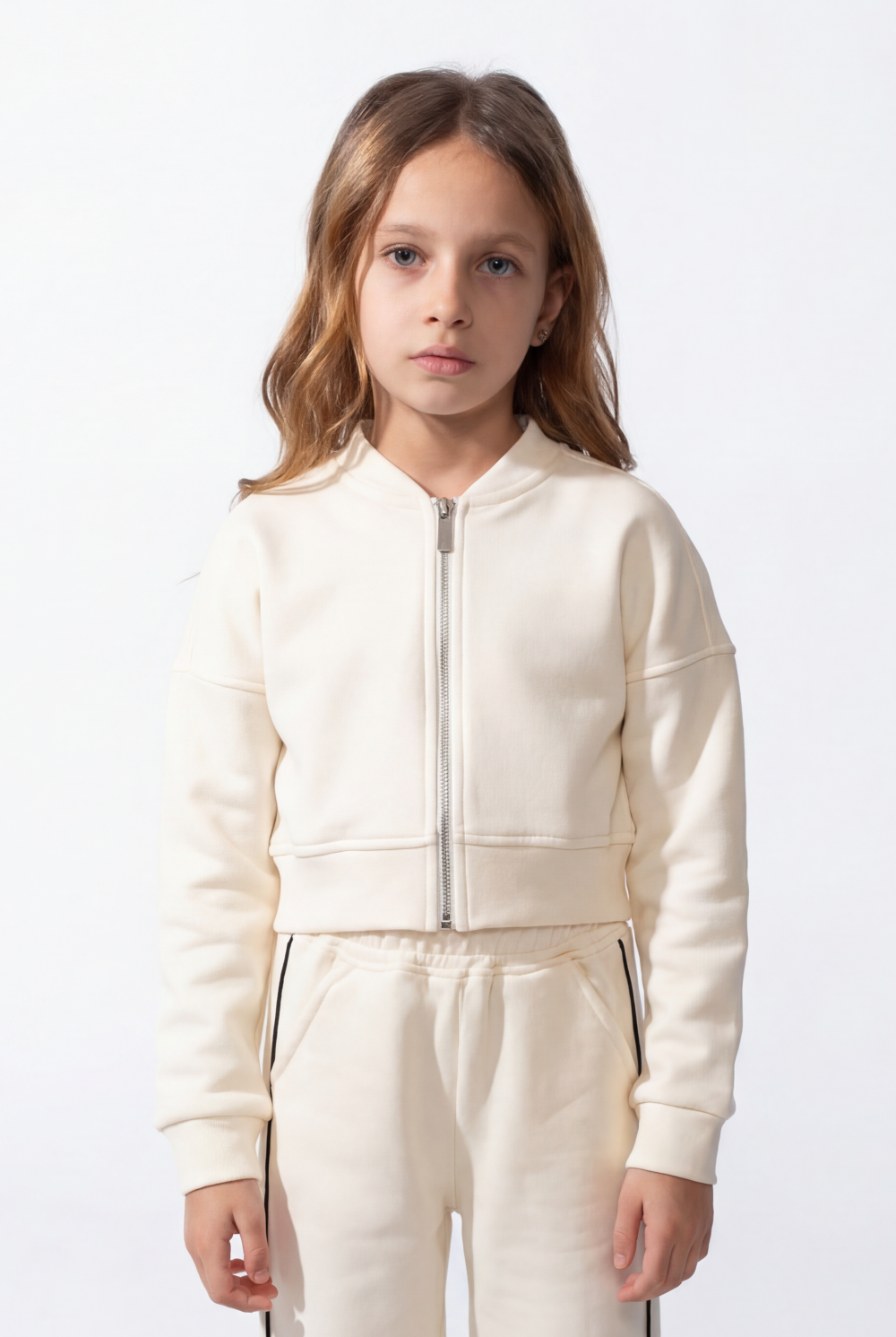 Girl’s Co-Ord Set Bomber Style Full Front Zip Ribbed Contrast Side Piping Outfit