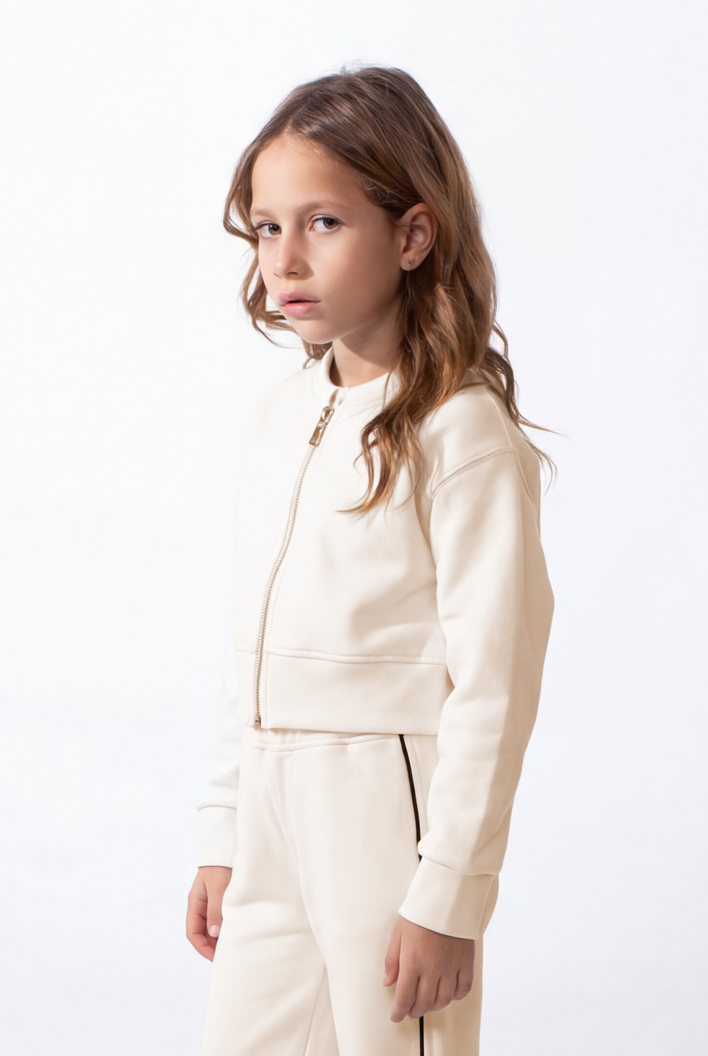 Girl’s Co-Ord Set Bomber Style Full Front Zip Ribbed Contrast Side Piping Outfit