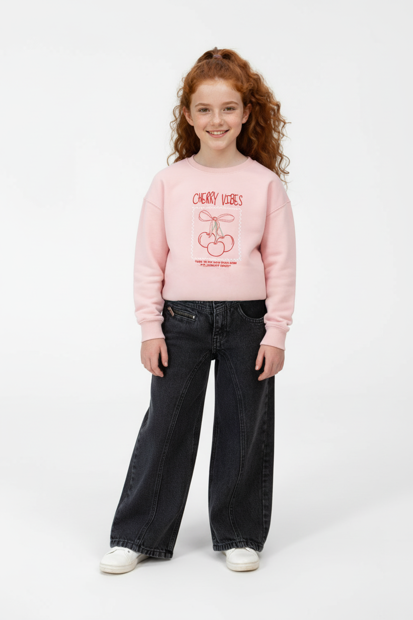 Girl's Long Sleeve Front Print Detail Round Neckline Comfortable Melton Sweatshirt