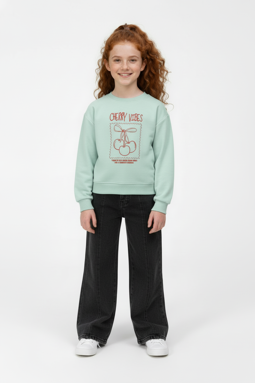 Girl's Long Sleeve Front Print Detail Round Neckline Comfortable Melton Sweatshirt