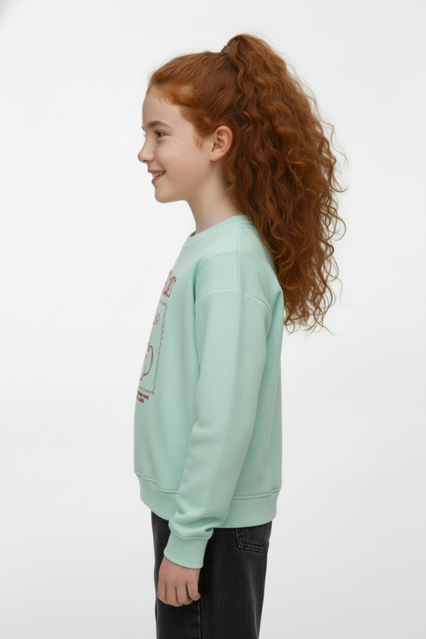 Girl's Long Sleeve Front Print Detail Round Neckline Comfortable Melton Sweatshirt
