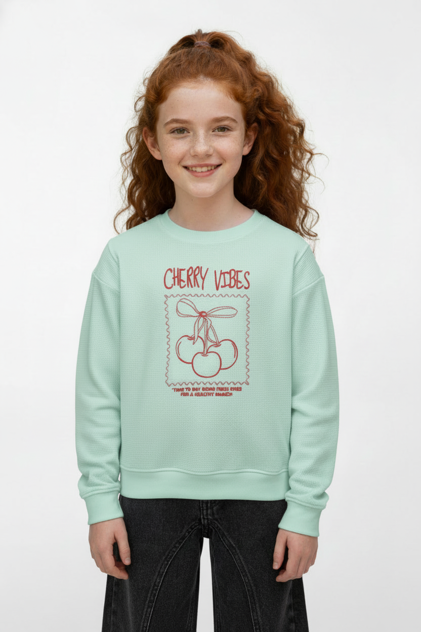 Girl's Long Sleeve Front Print Detail Round Neckline Comfortable Melton Sweatshirt