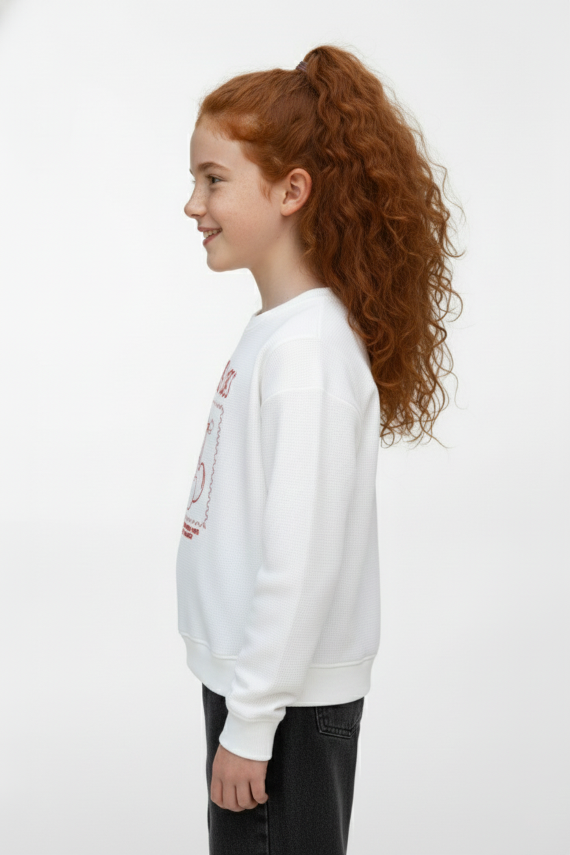 Girl's Long Sleeve Front Print Detail Round Neckline Comfortable Melton Sweatshirt