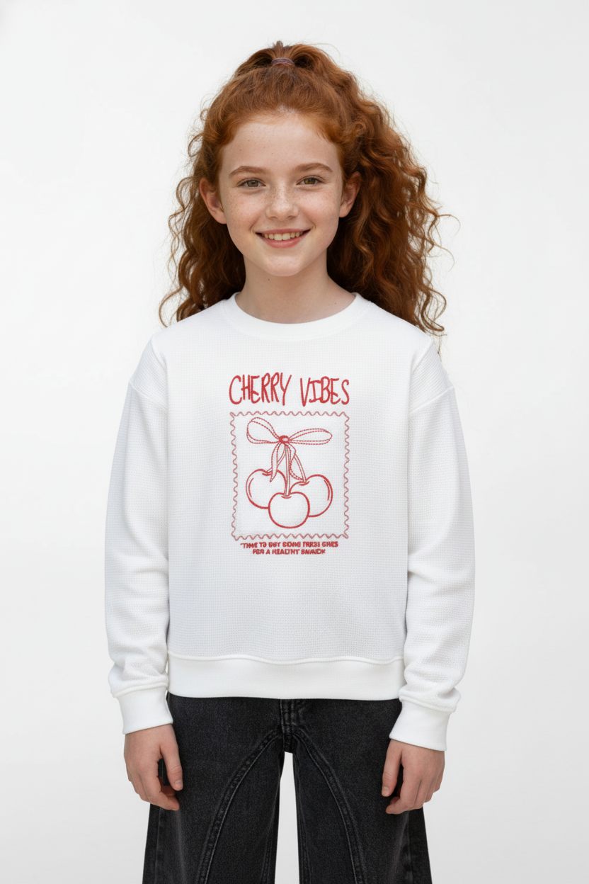 Girl's Long Sleeve Front Print Detail Round Neckline Comfortable Melton Sweatshirt