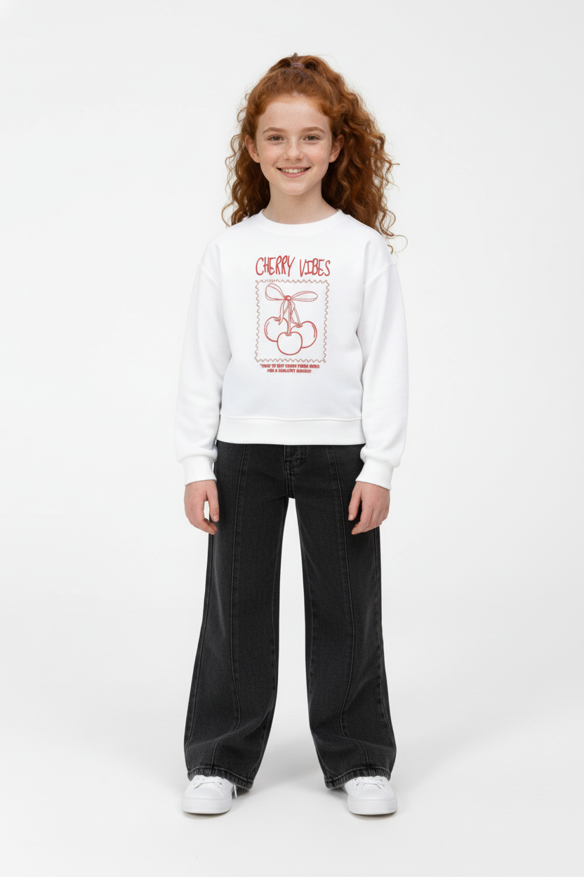 Girl's Long Sleeve Front Print Detail Round Neckline Comfortable Melton Sweatshirt
