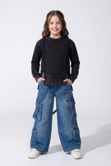 Girl’s Acid Wash Crew Neck Sweatshirt With Layered-Hem Side Slits