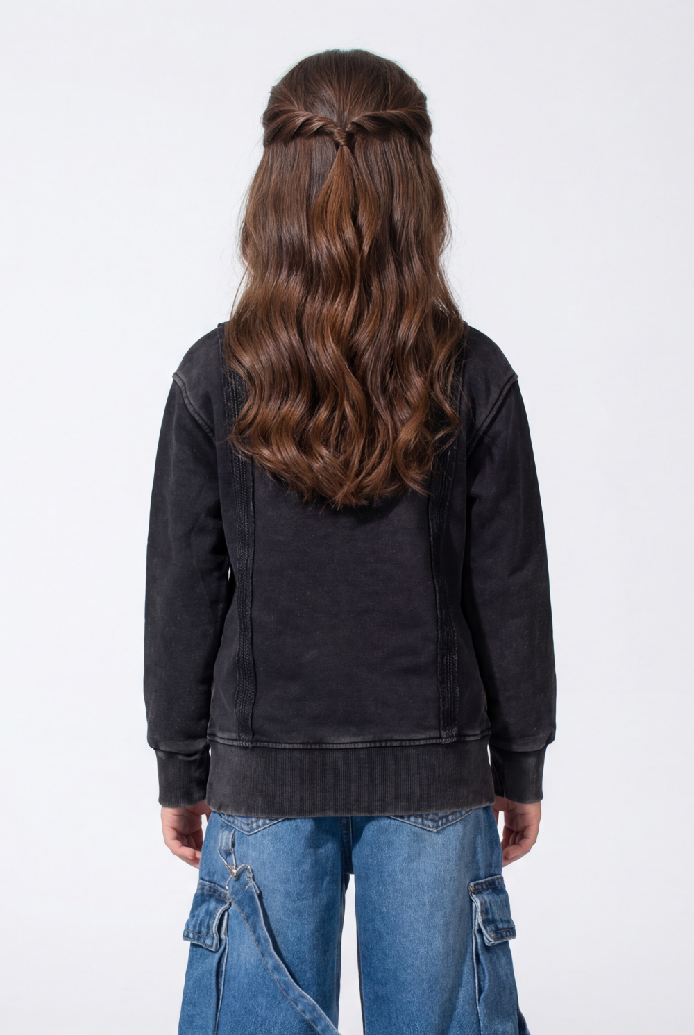 Girl’s Acid Wash Crew Neck Sweatshirt With Layered-Hem Side Slits