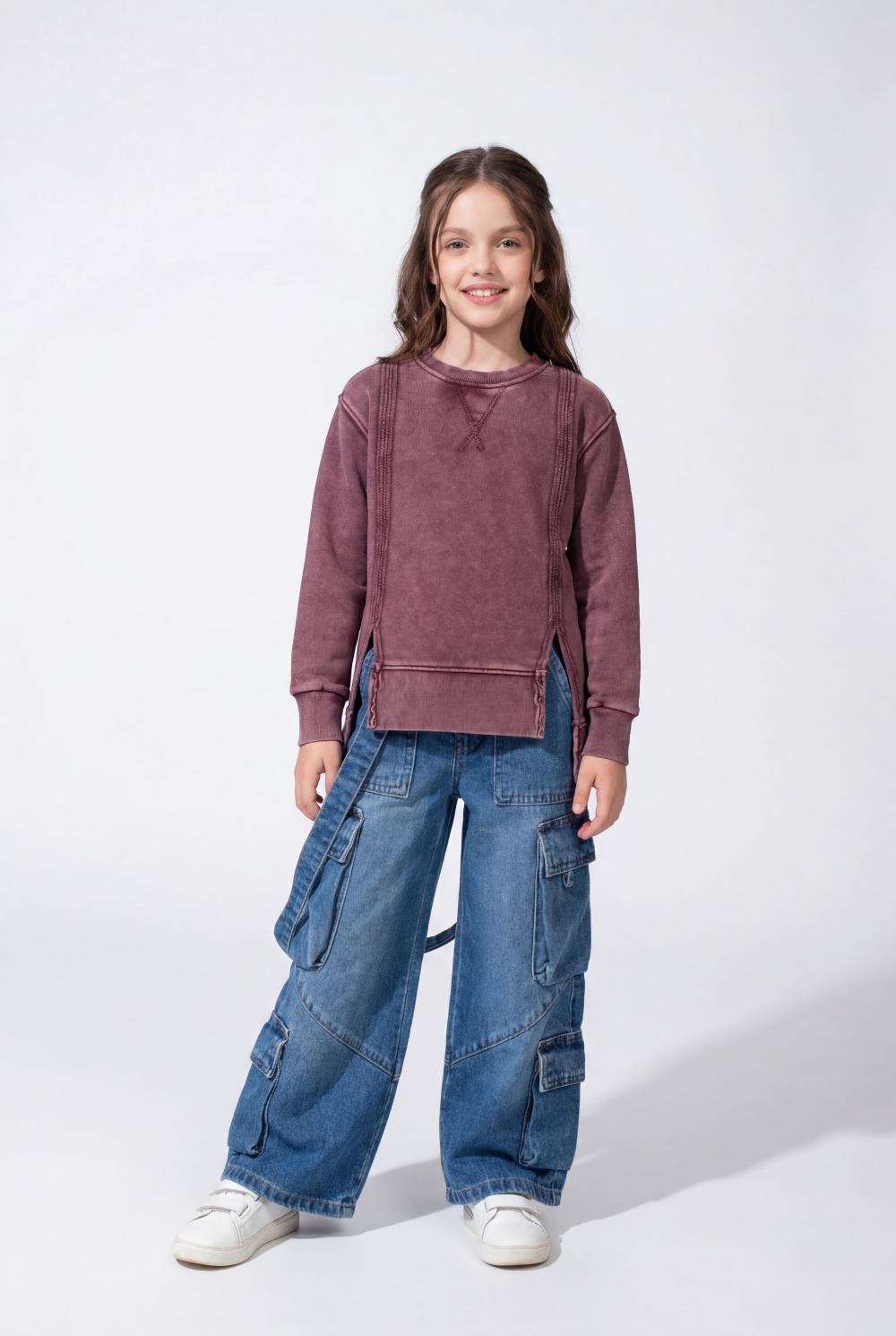 Girl’s Acid Wash Crew Neck Sweatshirt With Layered-Hem Side Slits