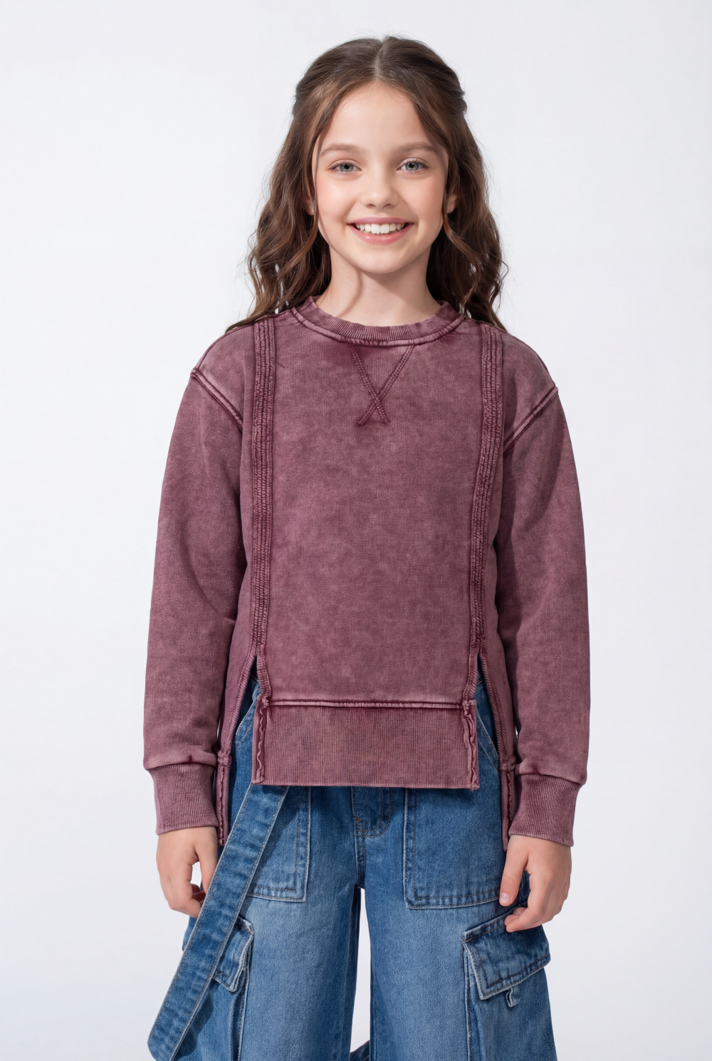 Girl’s Acid Wash Crew Neck Sweatshirt With Layered-Hem Side Slits