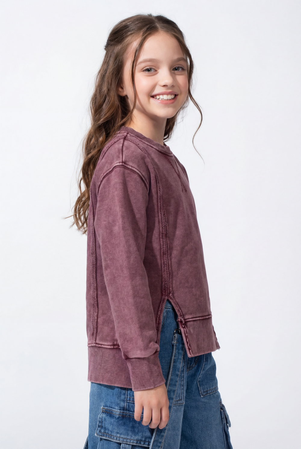 Girl’s Acid Wash Crew Neck Sweatshirt With Layered-Hem Side Slits