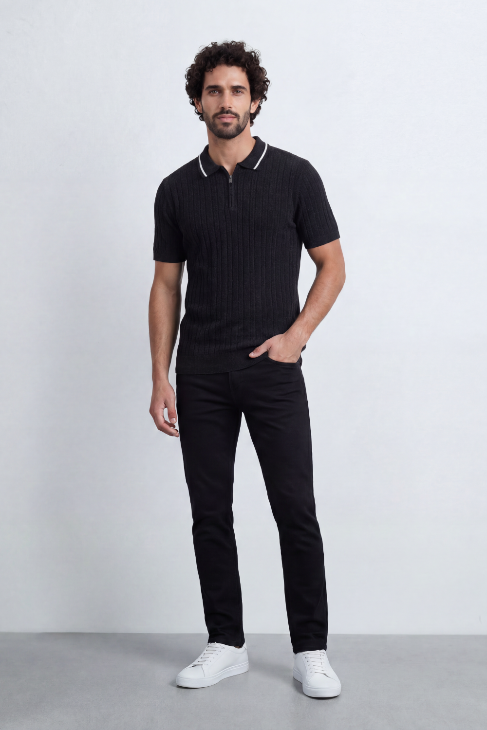 Men’s Tomato Store Grove Rib Zip Polo Neck T-Shirt Vertical Raised Rib Texture Defines The Body Half Zip Detail Contrast Edge Trim