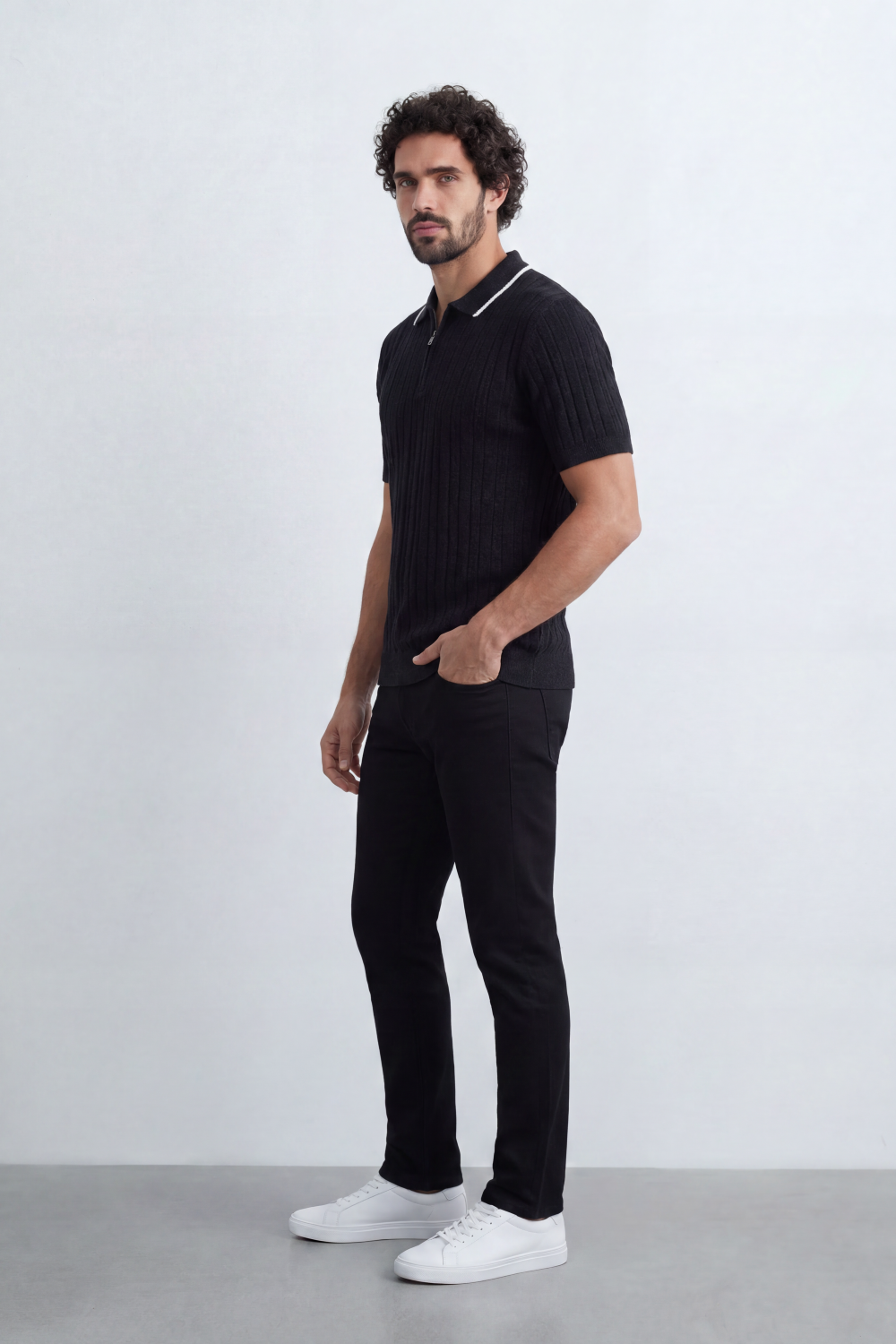 Men’s Tomato Store Grove Rib Zip Polo Neck T-Shirt Vertical Raised Rib Texture Defines The Body Half Zip Detail Contrast Edge Trim