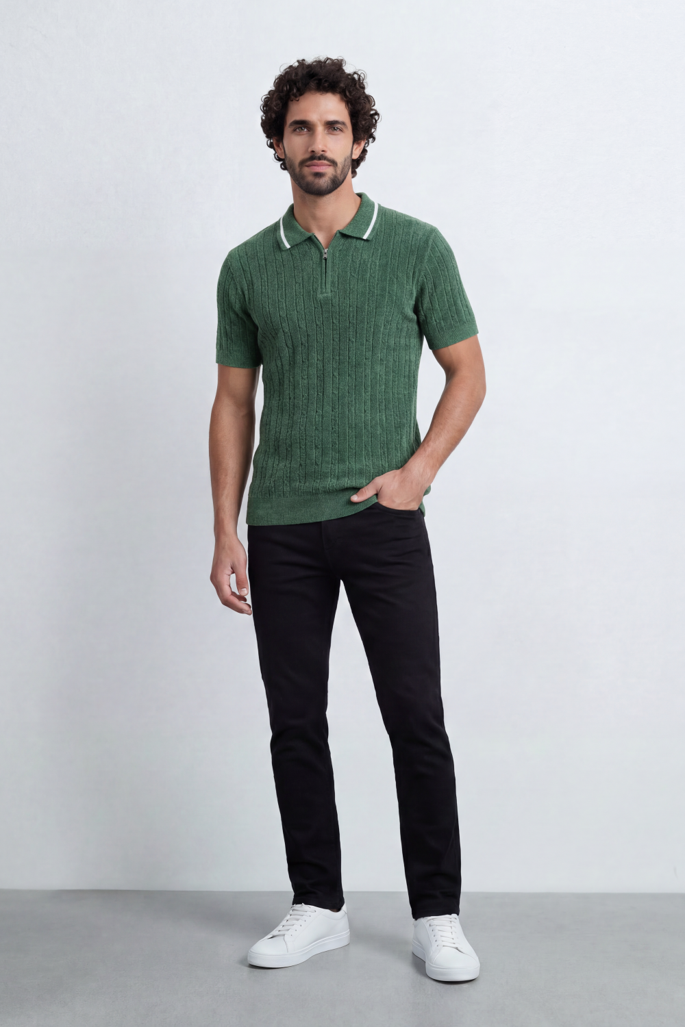 Men’s Tomato Store Grove Rib Zip Polo Neck T-Shirt Vertical Raised Rib Texture Defines The Body Half Zip Detail Contrast Edge Trim